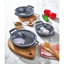 Döküm 3'lü Granit Lüks Kapaklı Sahan Seti (18-20-22 cm )
