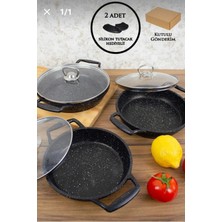 Essenso 6 Parça Siyah Cam Kapaklı Granit Tencere Seti 18-20-22 cm