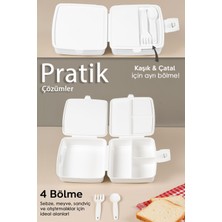 2 Katlı Bölmeli Çatal Kaşıklı Çocuk Beslenme Kutusu - Öğrenci Okul Beslenme Yemek Taşıma Kabı -Beyaz