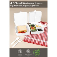 2 Katlı Bölmeli Çatal Kaşıklı Çocuk Beslenme Kutusu - Öğrenci Okul Beslenme Yemek Taşıma Kabı -Beyaz