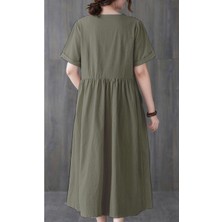 Barbora Keten Günlük Rahat V Yaka Beli Büzgü Detaylı Düğmeli Elbise