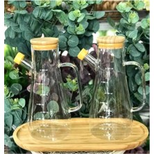 Bambu Kapaklı Vakumlu Borosilikat 3 Lü Set Cam Yağlık Sirkelik Bambu Altlık