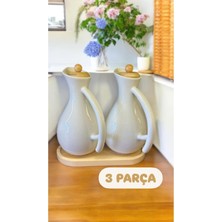 Fiona 1000 ml 3 Parça Ahşap Standlı 2'li Porselen Yağlık Seti - Bambu Kapaklı Yağdanlık Sirkelik Set