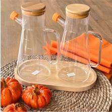 Bambu Kapaklı Vakumlu Borosilikat 3'lü Set Cam Yağlık Sirkelik Bambu Altlık