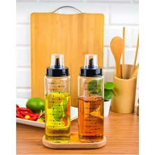 Bayev Ahşap Stantlı 2'li 500 ml Damlatmaz Akıllı Cam Yağlık Sirkelik Seti Akrilik Malzeme ile Ergonomik Kullanım