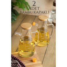 2'li Set 900 ml Bambu Kapaklı Yağdanlık - Cam Borosiklat Zeytinyağ Sıvıyağ Şişesi