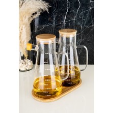 2'li Bambu Vakum Kapaklı ve Stantlı Borosilikat Cam Yağlık Sirkelik Masterchef Yağdanlık Seti 900 ml