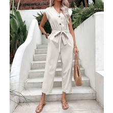 Barbora Keten Kadın V Yaka Tek Sıra Düğmeli Kolsuz Tulum
