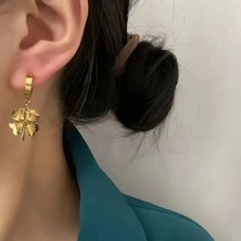 Fm Gold Renk 18 K Altın Kaplama Paslanmaz Çelik 40+5 cm Kolye Uzunluğu Yonca Model Küpe ve Kolye Takı Seti