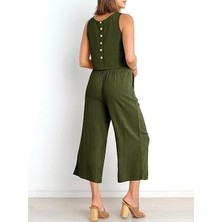 Barbora Keten Yazlık Yüksel Bel Capri Pantolon Sırt Detaylı Kolsuz İkili Takım