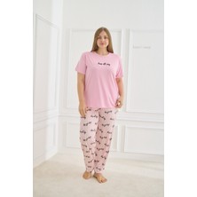 Kadın Büyük Beden Desenli Kısa Kollu Esnek Yumuşak Dokulu Pembe Yazlık Pijama Takımı