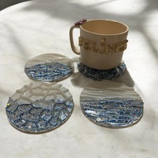 Pelince Epoksi Reçine Bardak Altlığı - 4'lü Takım - Beyaz ve Mavi Glitter - Çap: 12  cm
