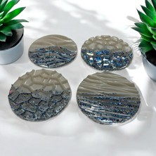 Pelince Epoksi Reçine Bardak Altlığı - 4'lü Takım - Beyaz ve Mavi Glitter - Çap: 12  cm