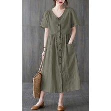 Barbora Keten Günlük Rahat V Yaka Beli Büzgü Detaylı Düğmeli Elbise LN04HAKI6