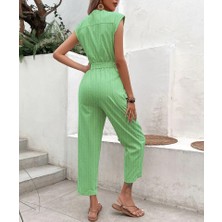 Barbora Keten Kadın V Yaka Tek Sıra Düğmeli Kolsuz Tulum