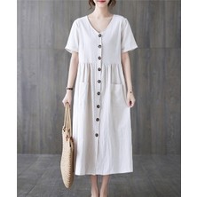 Barbora Keten Günlük Rahat V Yaka Beli Büzgü Detaylı Düğmeli Elbise