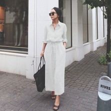 Barbora Keten Günlük Rahat Beli Bağcık Detaylı Uzun Kol Elbise