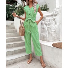 Barbora Keten Kadın V Yaka Tek Sıra Düğmeli Kolsuz Tulum