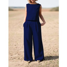 1Tarz Barbora Keten Günlük Rahat  Kolsuz  Alt Üst Kadın Takım LN08LACIVERT12