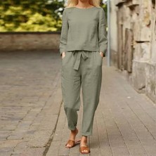 Barbora Keten Günlük Rahat Beli Kemerli Kadın İkili Takım Alt Üst