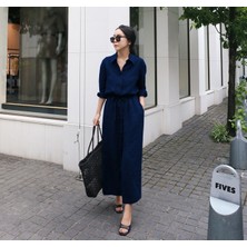 1Tarz Barbora Keten Günlük Rahat Beli Bağcık Detaylı Uzun Kol Elbise LN07LACIVERT5