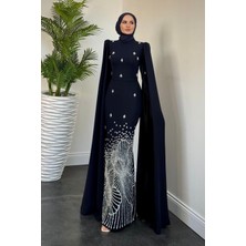 Farah Kolları Pelerinli Abiye Lacivert