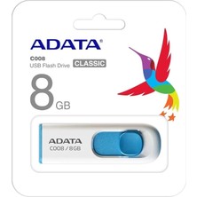 Adata C008 8gb USB 2.0 Geri Çekilebilir Kapaksız Flash Bellek 8 GB Beyaz