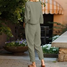 Barbora Keten Günlük Rahat Beli Kemerli Kadın Ikili Takım Alt Üst LN01HAKI22
