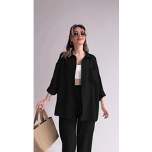 1Tarz Barbora Keten Günlük Ikili Takım Elbise Pantolon Gömlek Ln21Sıyah10