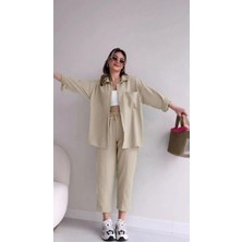 1Tarz Barbora Keten Günlük Ikili Takım Elbise Pantolon Gömlek LN21EKRU