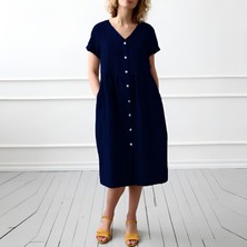 1Tarz Keten Günlük Yazlık V yaka Kısa Kol Düğme Detaylı Kadın Elbise