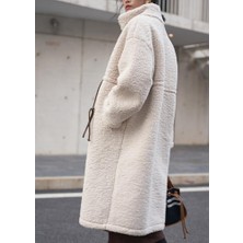 1Tarz Kadın Kışlık Peluş Fermuarlı Ceket Krem Renk Beli Bağcıklı Rahat Günlük Stil