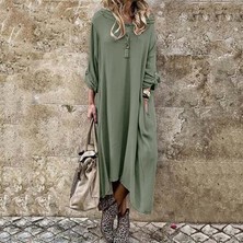 1Tarz Toridas Keten Günlük Salaş Yazlık Cepli Kadın Elbise LN273haki