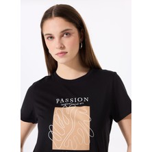 Fabrika Bisiklet Yaka Baskılı Siyah Kadın T-Shirt F5SL-TST0453