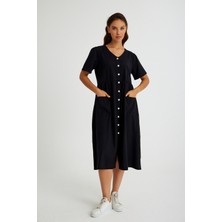 1Tarz Keten Günlük Rahat V Yaka Beli Büzgü Detaylı Düğmeli Elbise