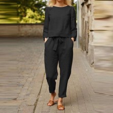 1Tarz Keten Günlük Rahat Beli Kemerli Kadın İkili Takım Alt Üst