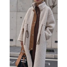 1Tarz Peluş Beli Bağcıklı Kışlık Kadın Fermuarlı  Tüylü Ceket