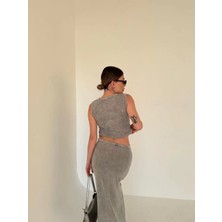 Reka Moda Uzun Etekli Önü Düğmeli Badi Ikili Takım- Gri