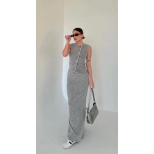 Reka Moda Uzun Etekli Önü Düğmeli Badi Ikili Takım- Gri