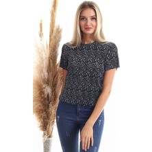 Cotton Mood 20343367 Desenli Pliseli Bisiklet Yaka Kısa Kol Bluz Siyah Turkuaz