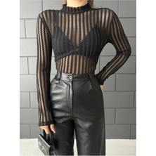 Siyah Tül Detay Transparan Bluz