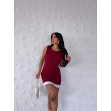 Kadın Bordo Beyaz Pileli Ithal Dooble Kumaş Kolsuz Mini Elbise HZL25S-FRY122961