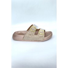 Shoemix Pembe Simli Kadın Çift Toka Günlük Terlik