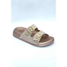 Shoemix Pembe Simli Kadın Çift Toka Günlük Terlik