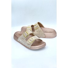 Shoemix Pembe Simli Kadın Çift Toka Günlük Terlik