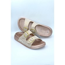 Shoemix Pembe Simli Kadın Çift Toka Günlük Terlik