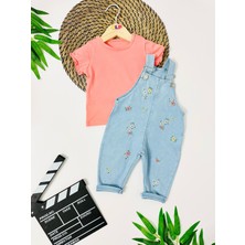 Alp Bebe Nevada Renkli Çiçek Nakışları Örme Kot Salopet Takım - Nar Çiçeği