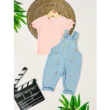 Alp Bebe Nevada Renkli Çiçek Nakışları Örme Kot Salopet Takım - Somon