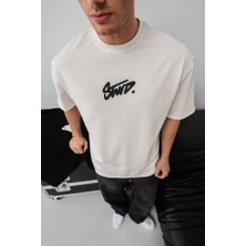 Erkek Baskılı Oversize T-Shirt - Beyaz