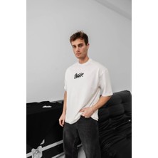 Erkek Baskılı Oversize T-Shirt - Beyaz